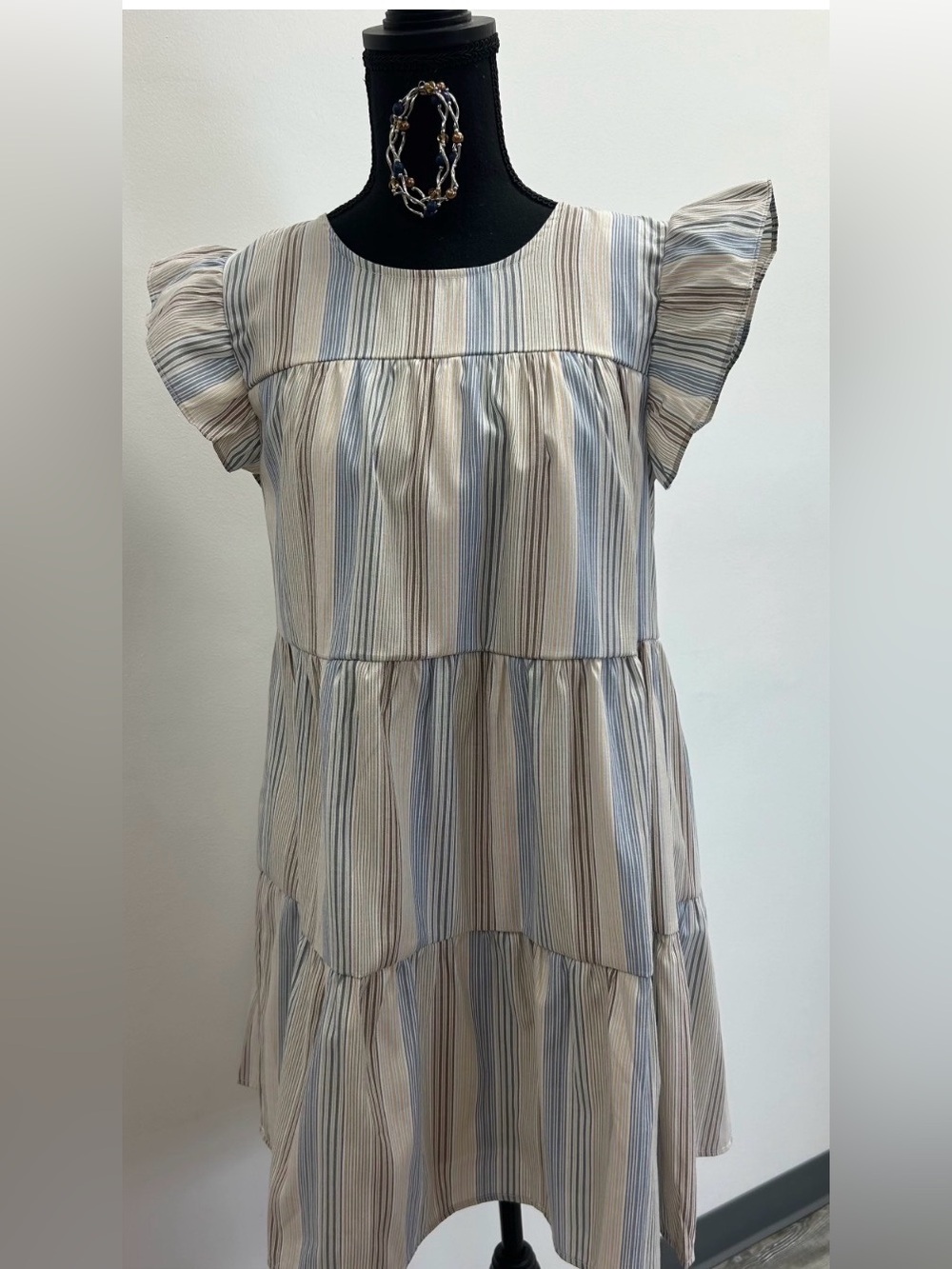 Womens Blue & Cream Stripe Tiered Dress